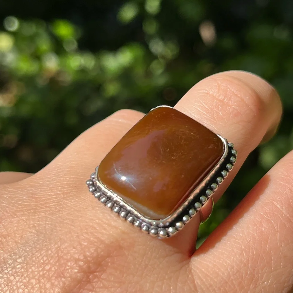 Size 8.25 925 silver plated brown agate square ring‎